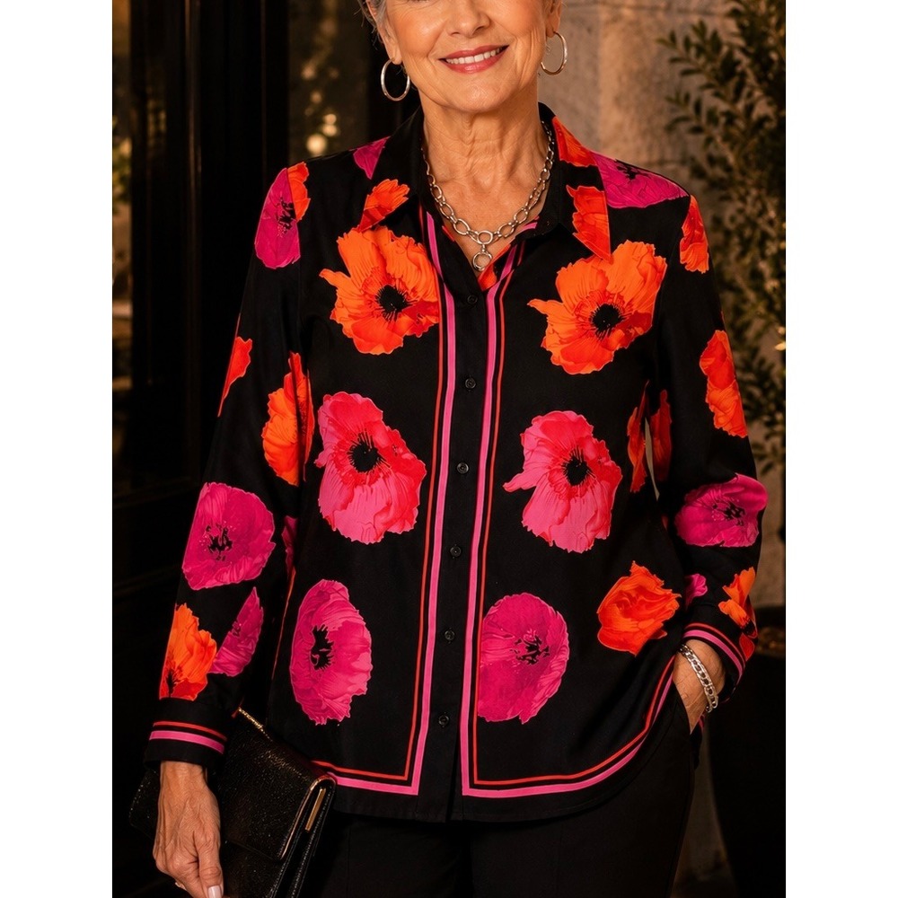Dana Buchman Womens Silk Blouse Black Orange Pink Poppy Floral 6P Button Front